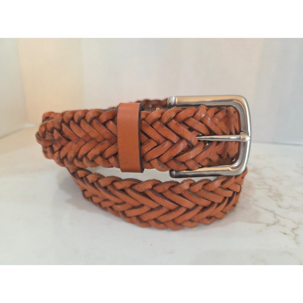 Vineyard Vines Braided Leather Belt Sz 34 Tan Flat Woven Solid Brass Made in USA